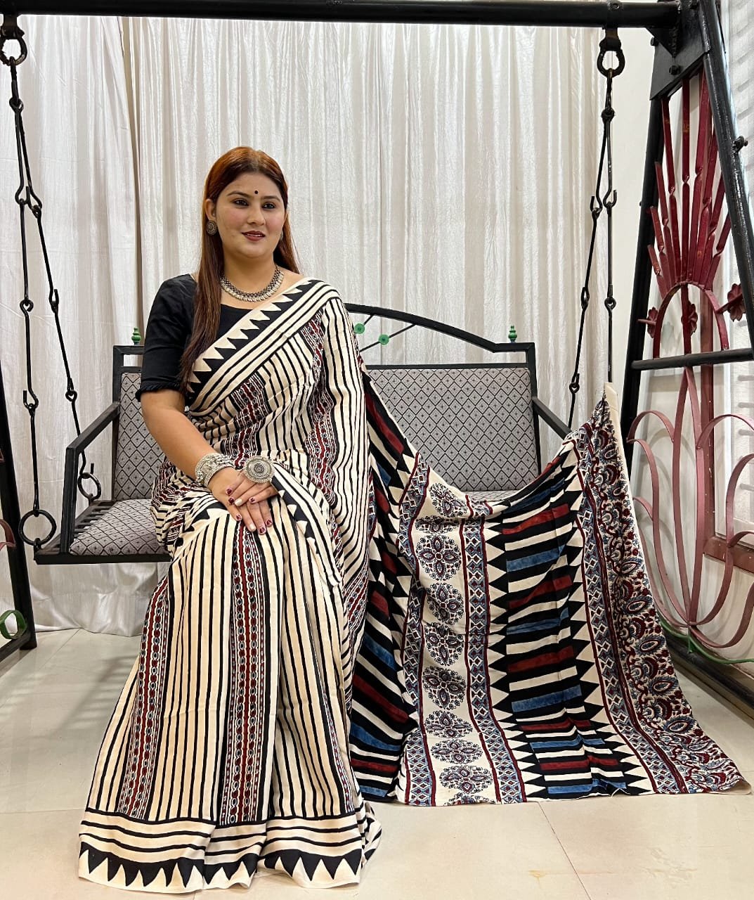 Ajrakh Modal Silk Natural Hand Block Print Saree - Cream 