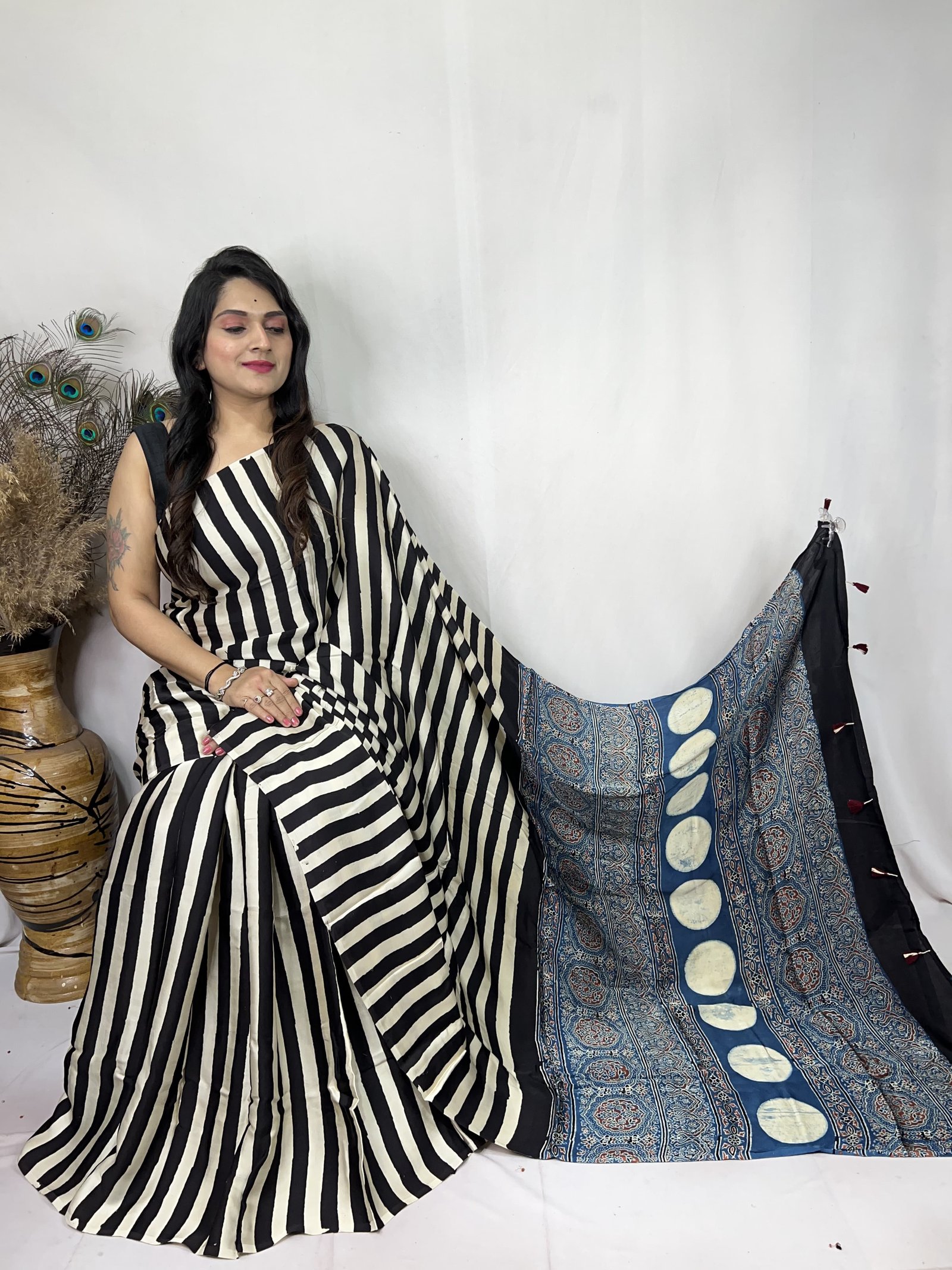 Ajrakh Modal Silk Natural Hand Block Print Saree - Black 