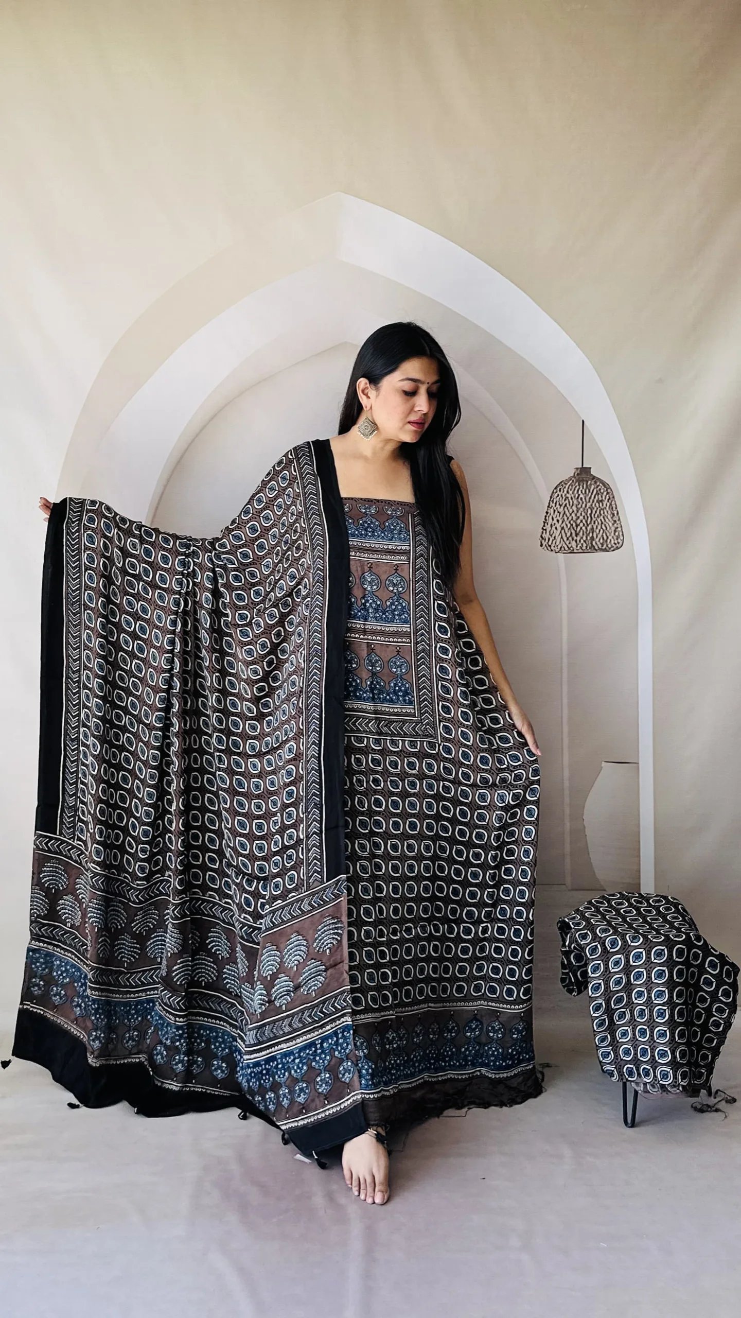 Ajrakh Modal Silk Natural Hand Block Print 3Pcs Suit- Coffee 