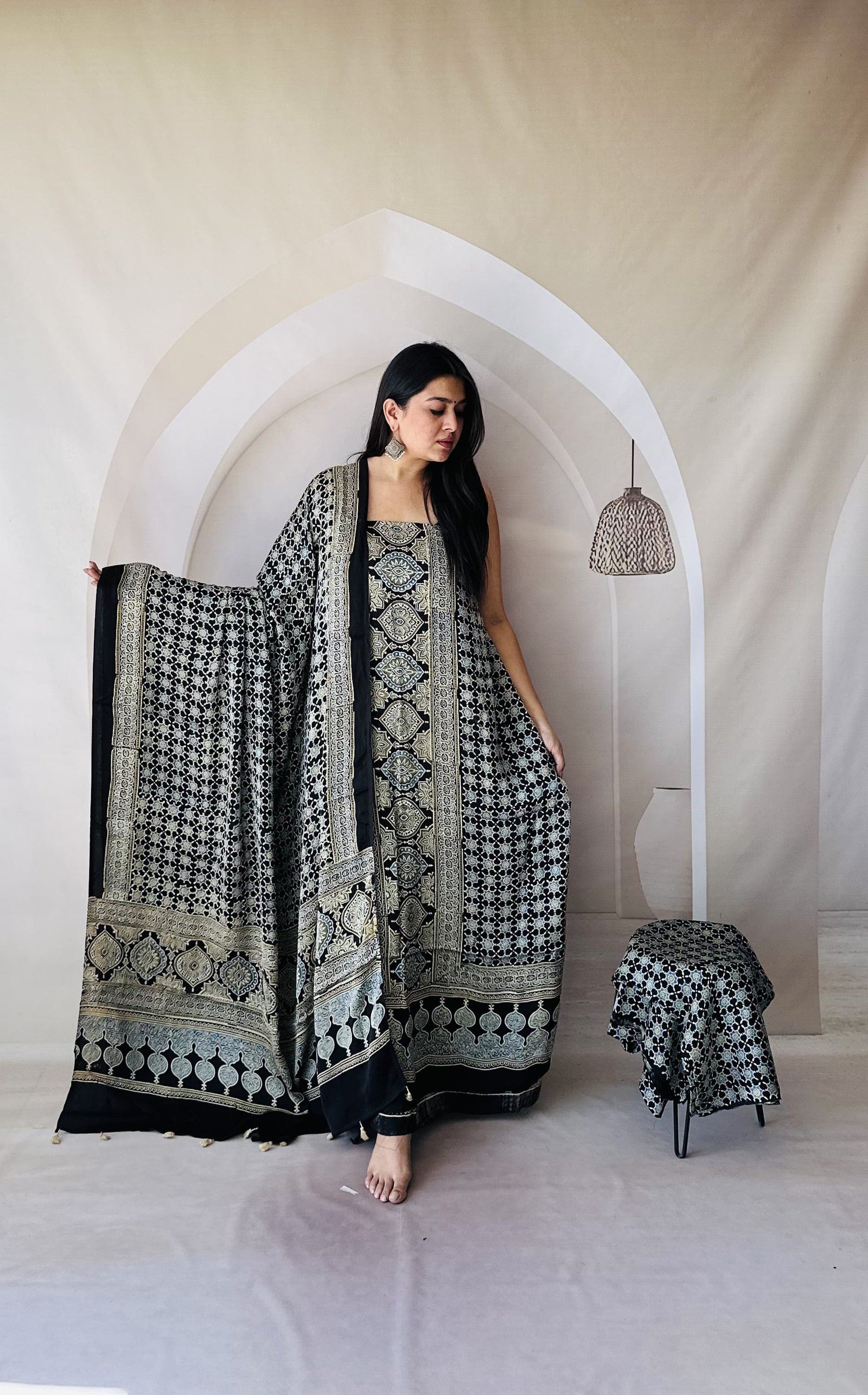 Ajrakh Modal Silk Natural Hand Block Print 3Pcs Suit - Black 