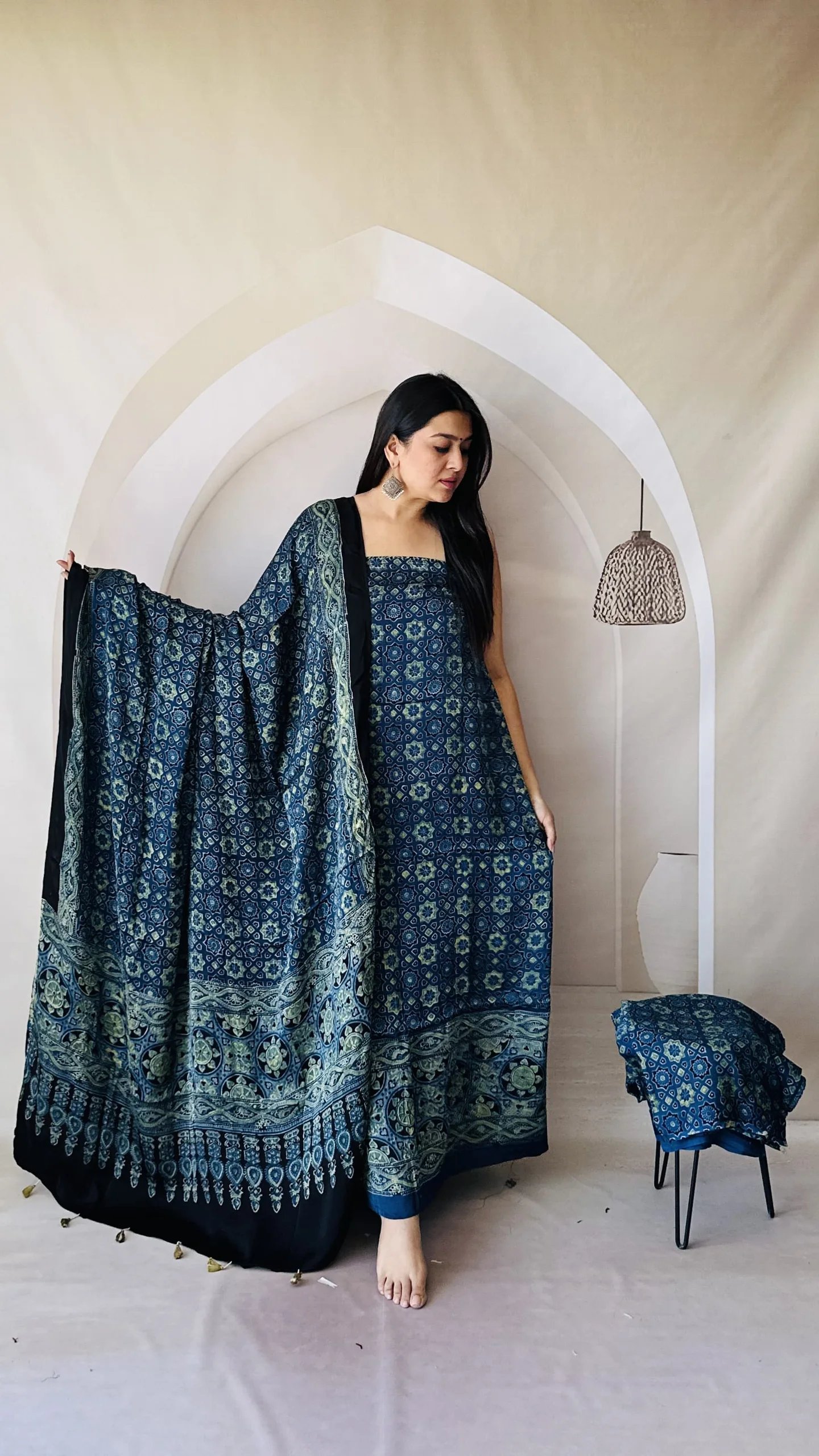 Ajrakh Modal Silk Natural Hand Block Print 3Pcs Suit - Indigo Blue 