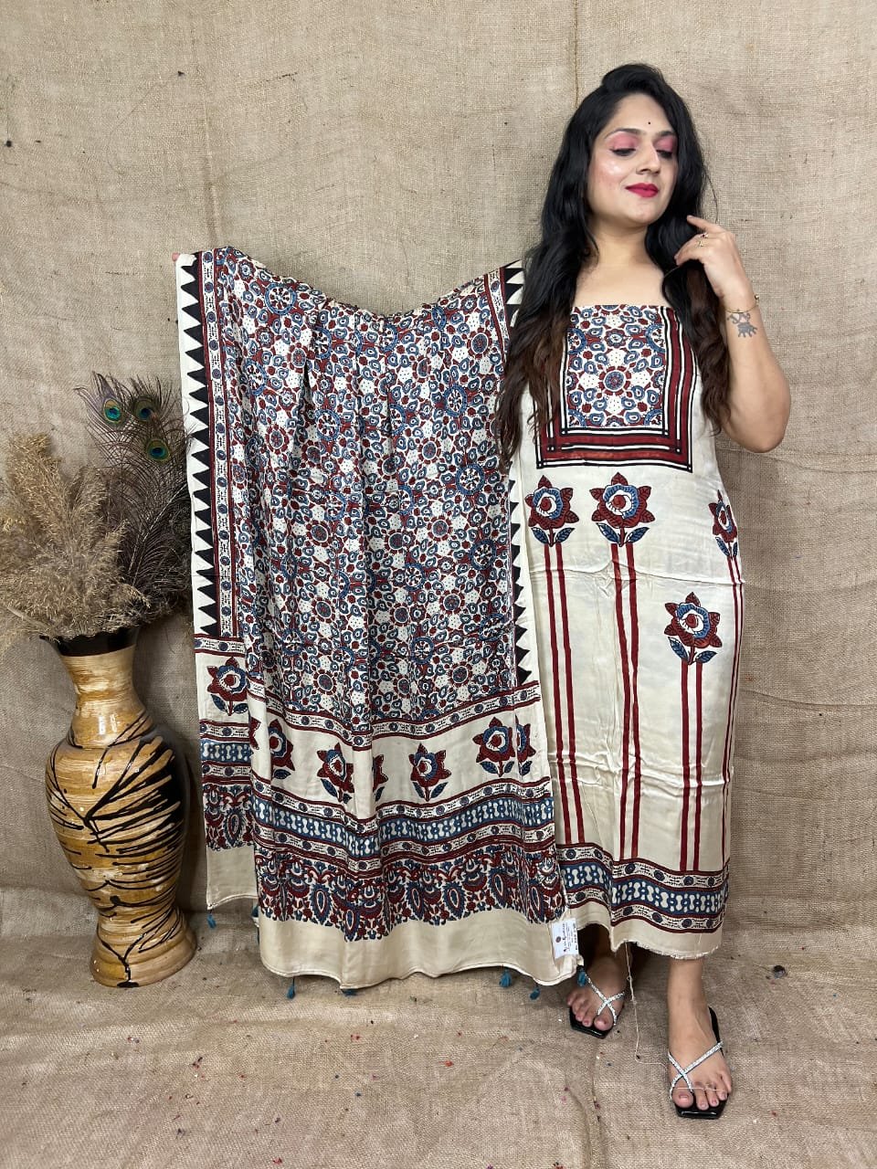 Ajrakh Modal Silk Natural Hand Block Print 2Pcs Suit - Cream 