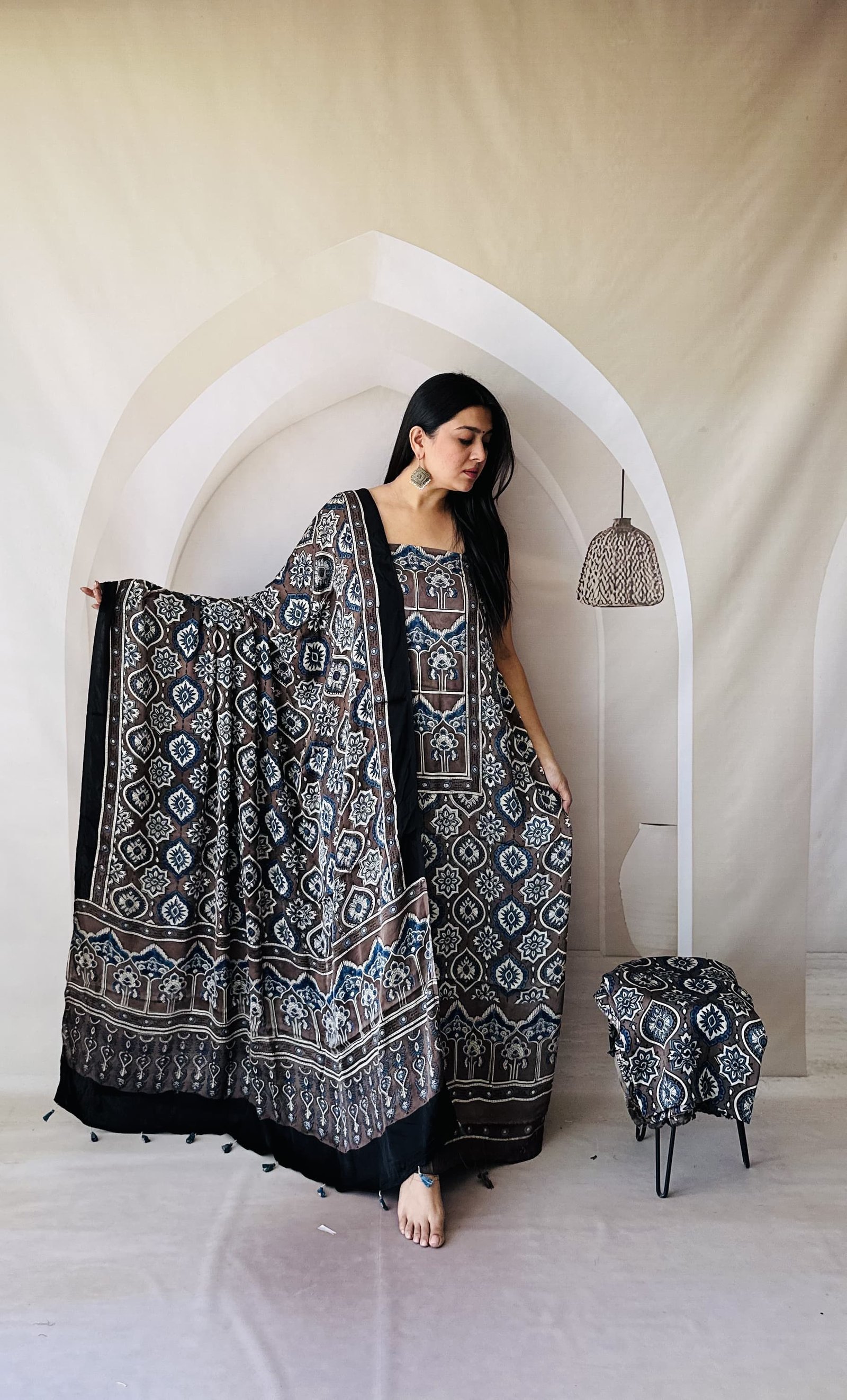 Ajrakh Modal Silk Natural Hand Block Print 3Pcs Suit - Coffee